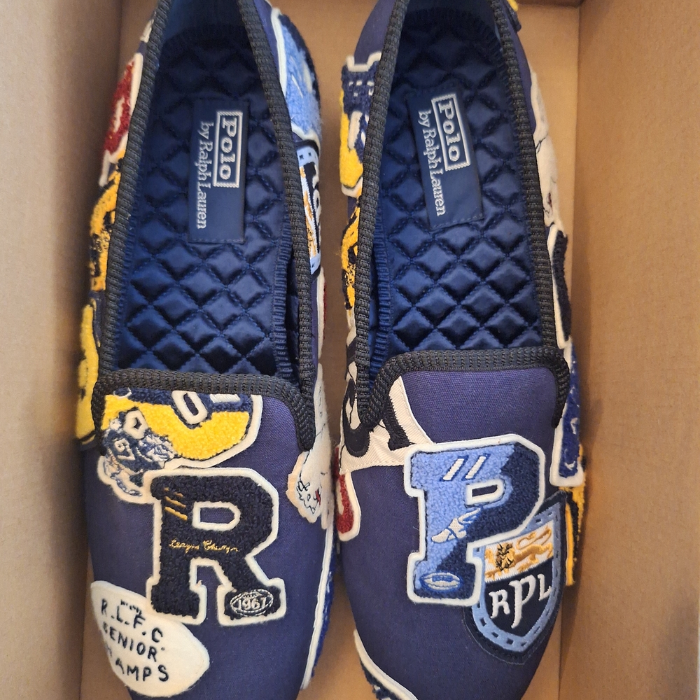 Lauren Ralph Lauren Navy Kids Patch Slip-On Shoes with Yellow & Blue Accents